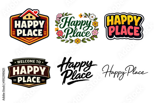 Happy place logos collection: home, floral, bold designs, handwritten styles
