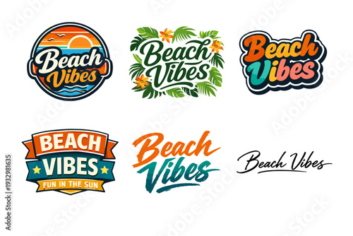Colorful beach vibes logos with tropical themes and typography