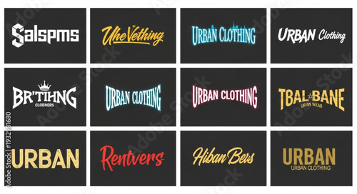 Collection of urban clothing brand logos and designs on a black background.
