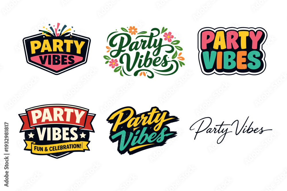 Fototapeta premium Colorful party vibes logos collection with varied fonts and designs