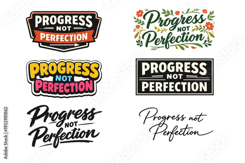 Progress not perfection typography collection with diverse styles and designs