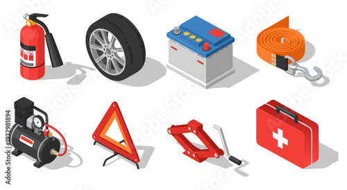 Collection of car emergency kit items, vector illustration set for safety and preparedness