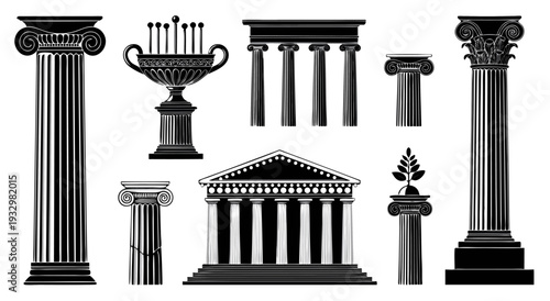 Ancient Greek and Roman architecture column vector illustration, set of classical elements for design
