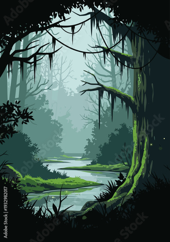 Enchanting Swampy Forest Vector Illustration with Lush Green Mossy Trees and a Winding Stream, Atmospheric Nature Scenery