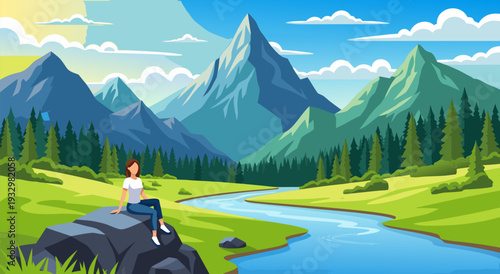 Serene Mountain Landscape with a Woman Relaxing by a River - Vector Illustration