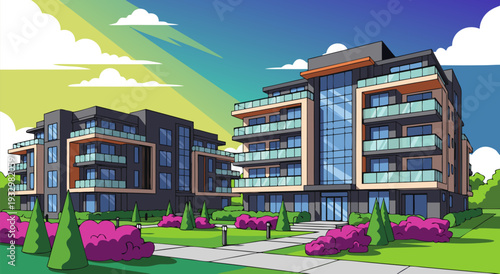 Modern apartment buildings with balconies and manicured landscaping, a vector illustration