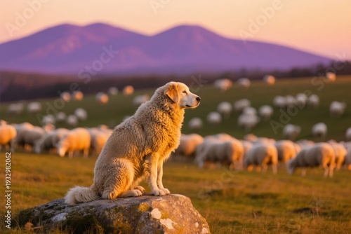A shepherd dog sits atop a rock overlooking a flock of sheep in a pastoral field at sunset with mountains in the background
