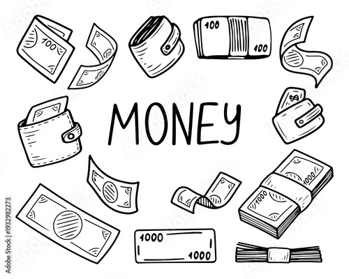 Money set. Vector doodle hand drawn. Paper banknotes. Bank, credit, capital, cash. Stack, single, folded. Wallet. Collection. Line art graphic illustration.
