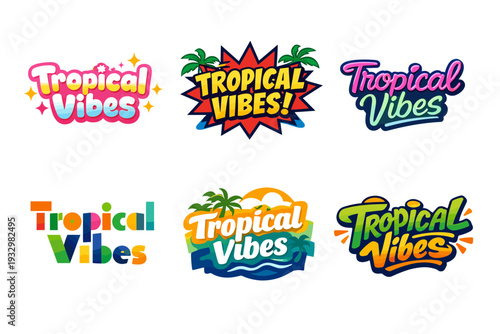 Colorful tropical vibes logos collection with palm and sunset accents