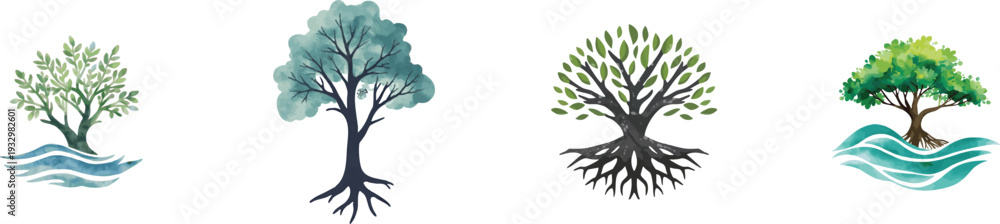 Fototapeta premium Watercolor Modern Sea Mangrove Logo Design set isolated on white background