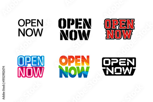 Diverse font styles of 'open now' text in various designs