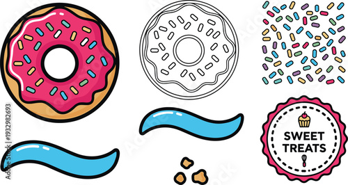 Donut and Sweet Treats Vector Illustration Set with Pink Glazed Doughnut Colorful Sprinkles Blue Icing Swirls and Bakery Badge Icons