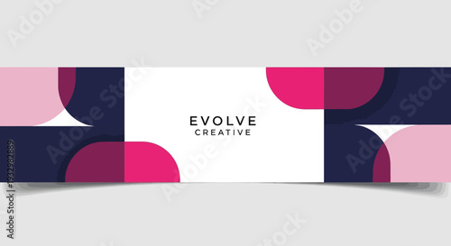 Evolve Creative text on a white banner with geometric shapes.