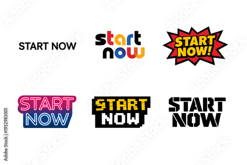 Colorful start now designs in various styles and fonts