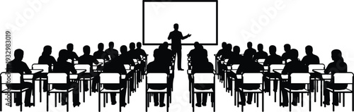 Lecture hall classroom silhouettes, teacher presenting lesson to large group of students isolated black figures on white background