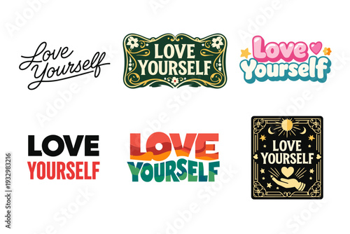 Love yourself typography designs in various artistic styles