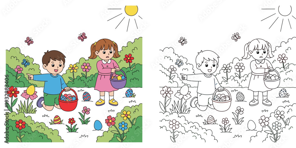 Obraz premium Happy Cartoon Kids on an Easter Egg Hunt in a Flowery Garden - Colorful and Outline Versions for Spring Activities