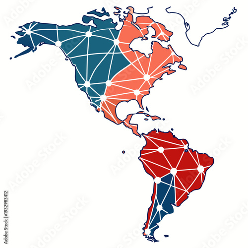 Stylized map of north and south america with connected nodes and colored regions illustrating global connections and technological integration concept