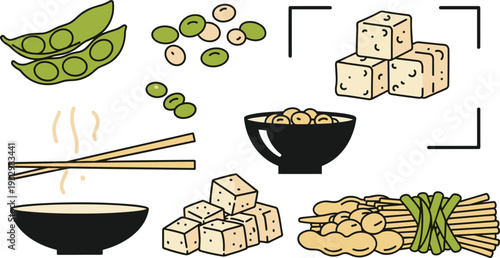 Green Peas and Botanical Vector Illustration Set with Fresh Edamame Pods Soya Bean Seeds Tofu Cubes and Asian Cuisine Design Elements