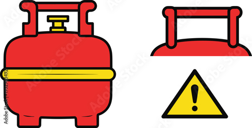 Gas Cylinder and Fuel Safety Vector Illustration Set with Red Propane Tank Icon Warning Triangle Sign and Industrial Energy Equipment Graphics