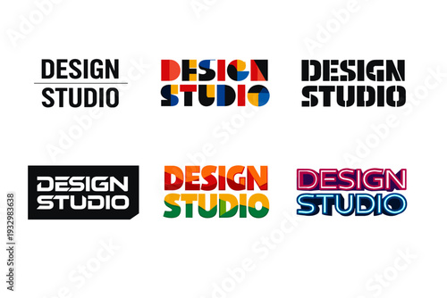 Collection of six unique design studio logos in various styles and colors