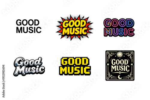 Good music text in six unique graphic designs with various styles and colors