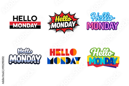 Colorful hello monday designs with modern and retro styles