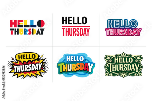 Colorful hello thursday typography designs with bold styles and creative elements
