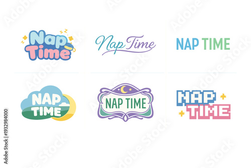 Colorful nap time logo designs featuring creative typography and imagery