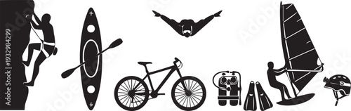 Extreme sports and outdoor activities silhouettes set with climbing kayaking cycling skydiving scuba diving windsurfing and gear