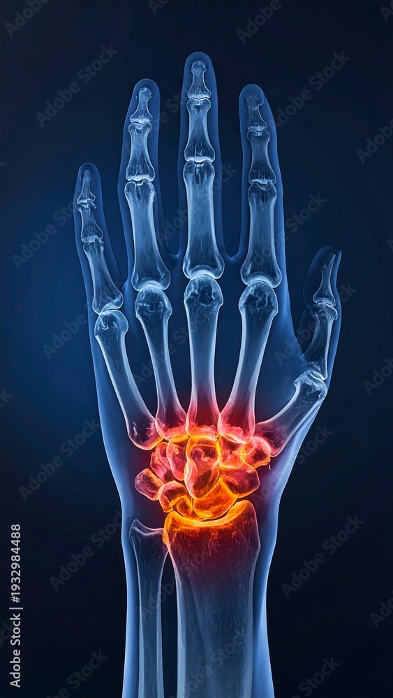 Naklejka premium Radiograph of a hand with highlighted inflammation in the wrist area, blue background