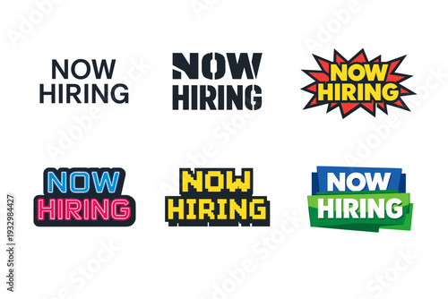 Diverse now hiring sign designs in various styles and colors