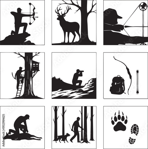 Collection of archery and hunting silhouettes featuring bow hunters deer tracking and outdoor wilderness equipment for sportsmen