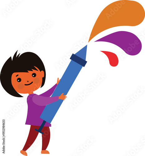 A cartoon child playing with a blue water gun, shooting colorful splashes of orange, purple, and red, celebrating Holi.