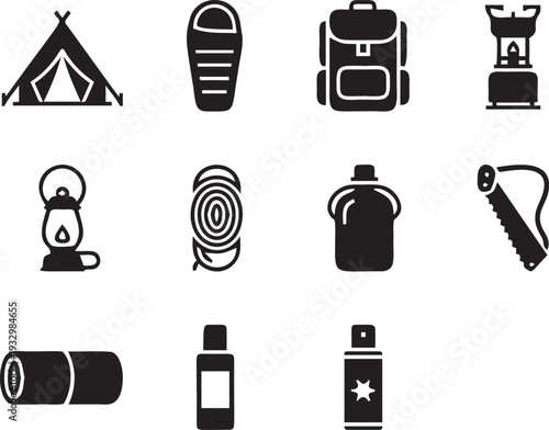 Outdoor camping gear and equipment icons, including tent, sleeping bag, backpack, lantern, stove, and survival tools.