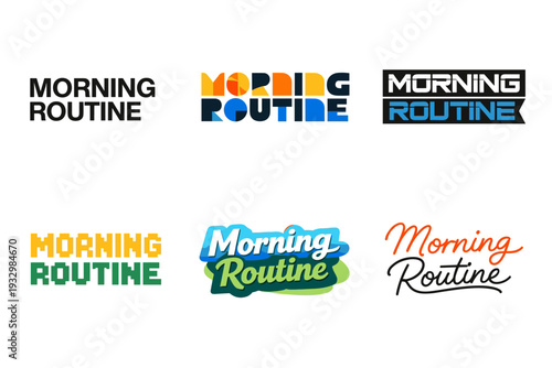 Creative morning routine logos in six unique typographic styles