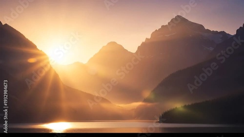 Breathtaking Sunrise Over Majestic Mountains and Serene Lake Landscape.