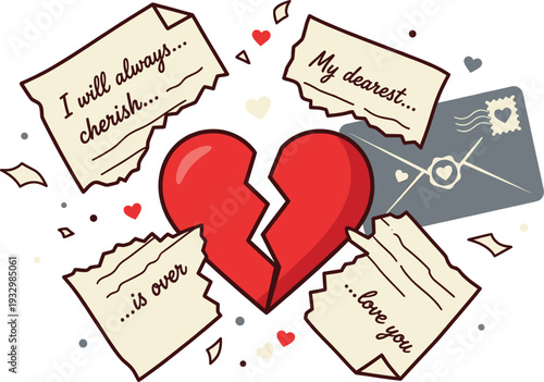 Broken Heart Love Letter Vector Illustration, Romantic Breakup Concept Illustrator Artwork with Torn Notes, Sad Relationship Design