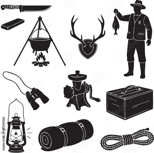 Hunting and camping essentials vector illustration set on transparent background for outdoor and adventure designs