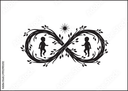Stylized infinity symbol with two infant silhouettes forming continuous loop with tree branches and leaves and sun above