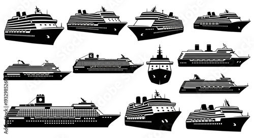 Collection of various cruise ships in different angles and perspectives, black and white.