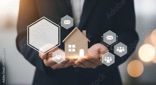 Hands holding wooden house with digital icons, representing real estate investment, property management, and home services, mockup template for business concepts