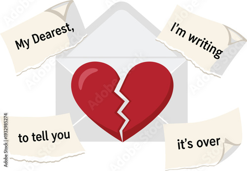 Broken Heart Love Letter Vector Illustration, Romantic Breakup Message Concept Illustrator Design with Torn Paper Notes and Sad Relationship Symbol