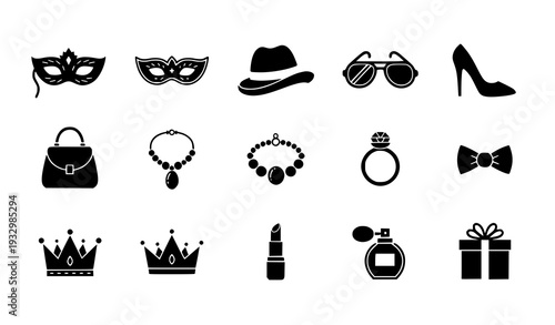 Clean Black Silhouette Fashion and Festive Accessories Icons Vector Set