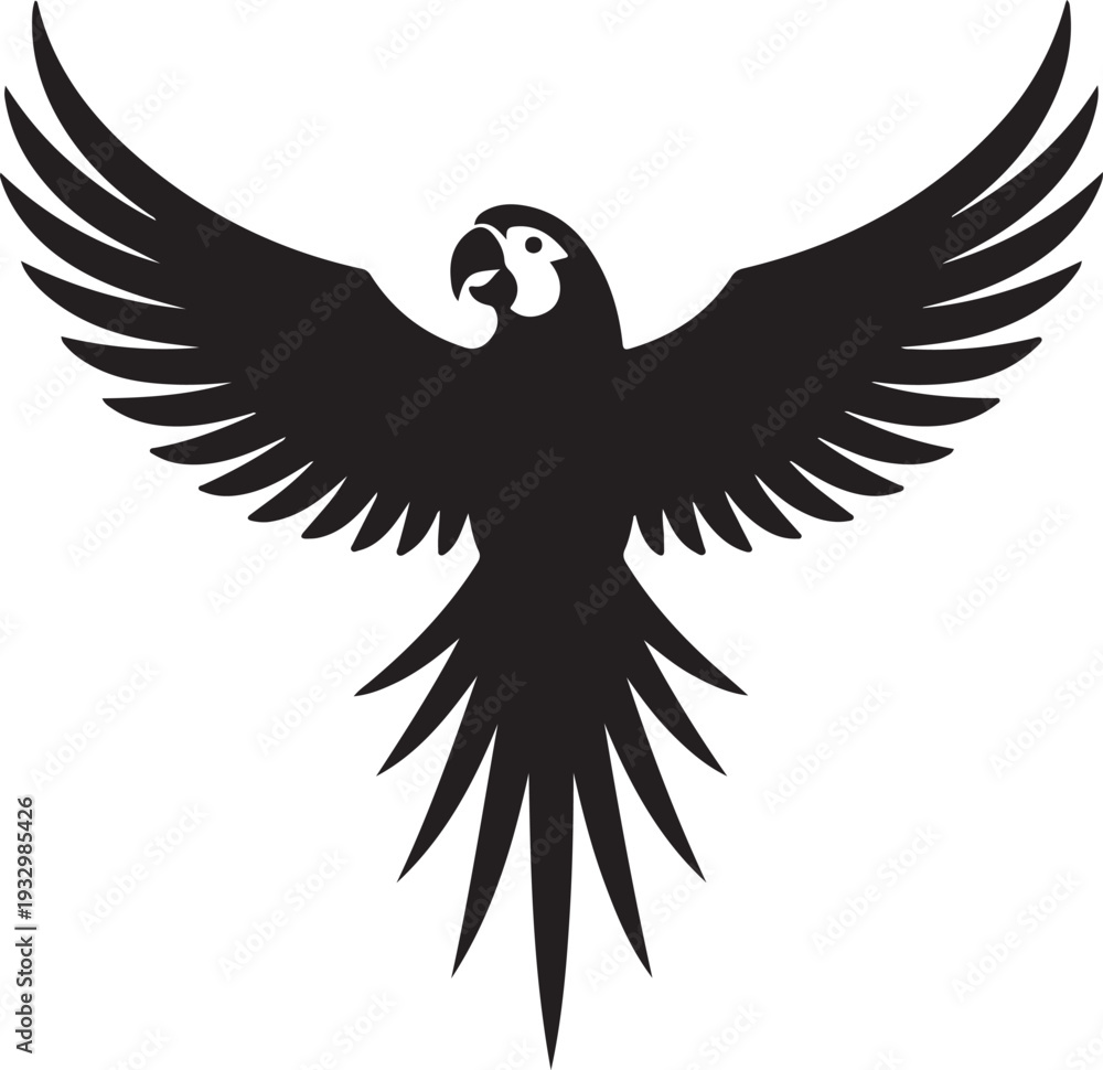 Fototapeta premium Silhouette of a parrot flying with outstretched wings, black on white background