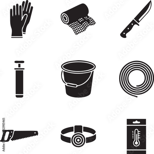 Collection of camping and survival gear icons including gloves, bandage, knife, pump, bucket, rope, saw, and headlamp
