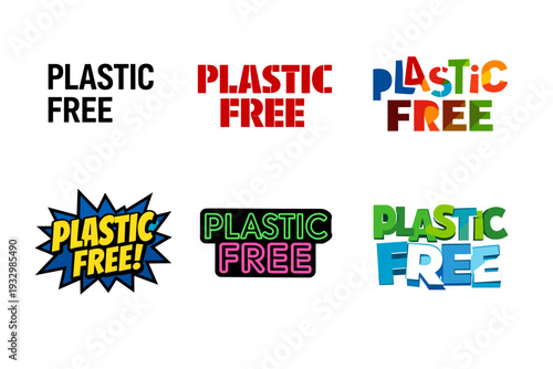 Colorful plastic free logos in various styles with bold typography