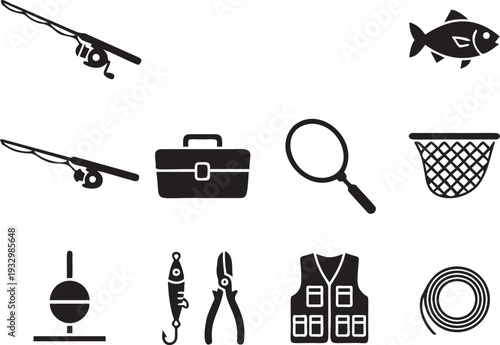 Various fishing tools and apparel silhouette on transparent background for angler design elements