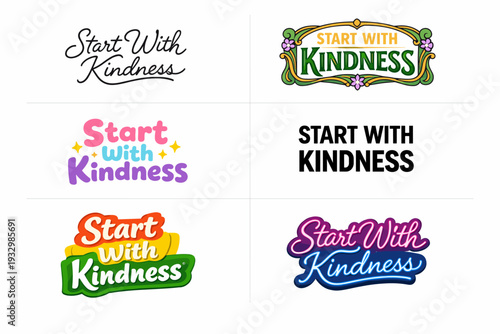Colorful and creative 'start with kindness' logos in various styles and fonts