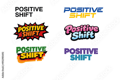 Colorful positive shift text logos in bold retro and modern styles